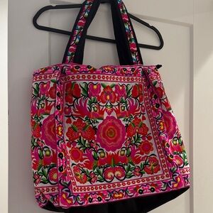 Floral Embroidered Tote Bag - Pink and Black